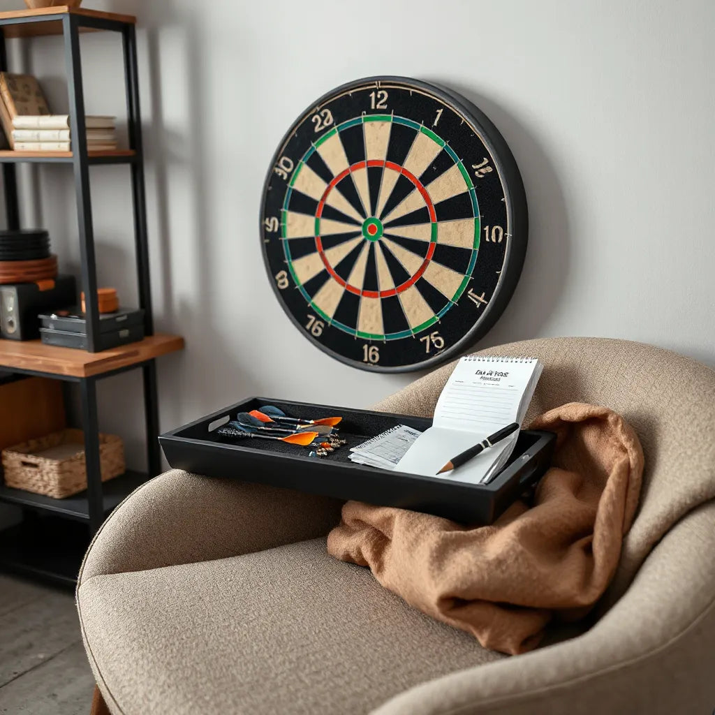 Curated darts gear including a dartboard, darts with flights, and accessories on a clean tabletop