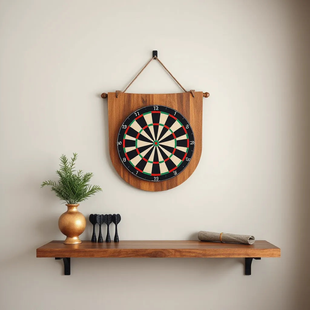 Mounted dartboard on a themed backboard in a stylish home game room