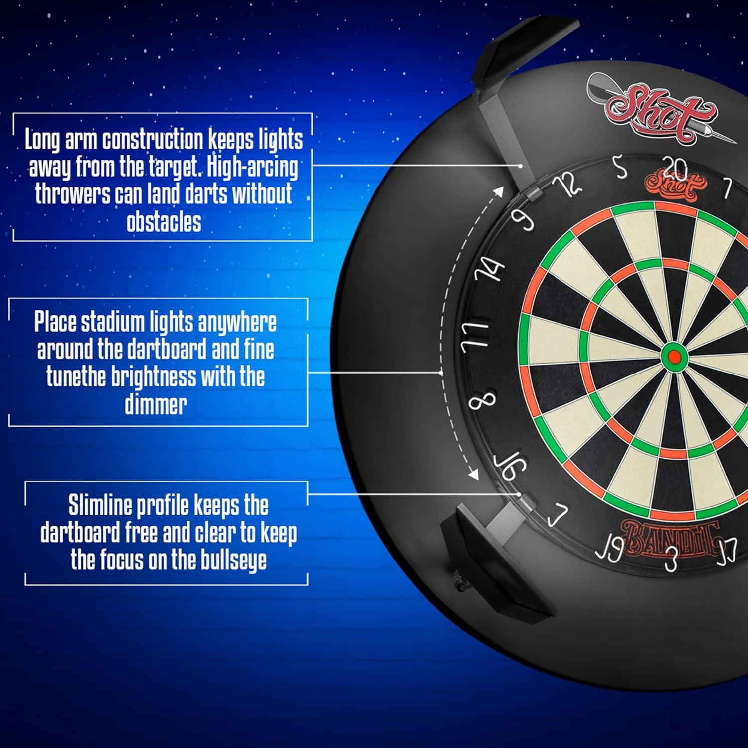 Darts Stadium Dartboard Lighting System - 4 Steel Arms & Dimmer to Adjust Light Intensity (6100K Leds) Minimal Shadow Versatile Fit Compact and Lightweight Design Easy Installation