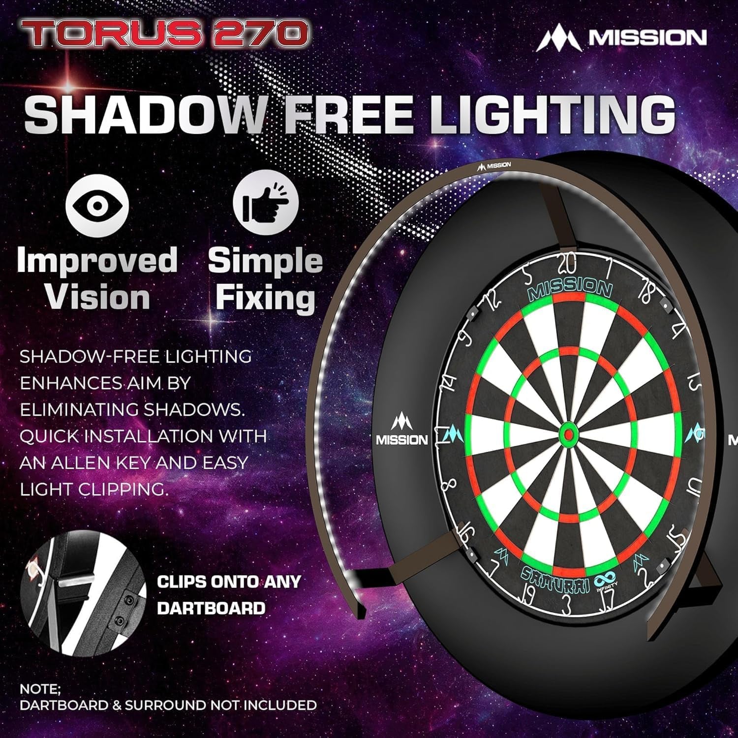 Torus 270 | Dart Board LED Lighting System with Easy Access to Dartboard Area for Unrestricted Play, Sand Blasted Black, Red, Blue, Green, Purple, Bronze and Silver Colours