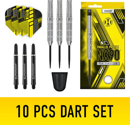 NX90 Bomb & Parallel Shape Darts Set I Professional Darts 90% Tungsten Steel Tip ALL Weights Pro Darts I 10Pc Set with Black Supergrip Midi Shafts & NX90 Flights