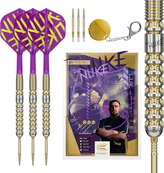 Darts Luke Littler Gen 1 Prodigy Steel Tip Swiss Point Darts, 90% Tungsten Darts, 22G/23G/24G | Generation 1 Gold Steel Tip Darts, G1 Player Edition Swiss Points Dart Sets, Flights and Shafts