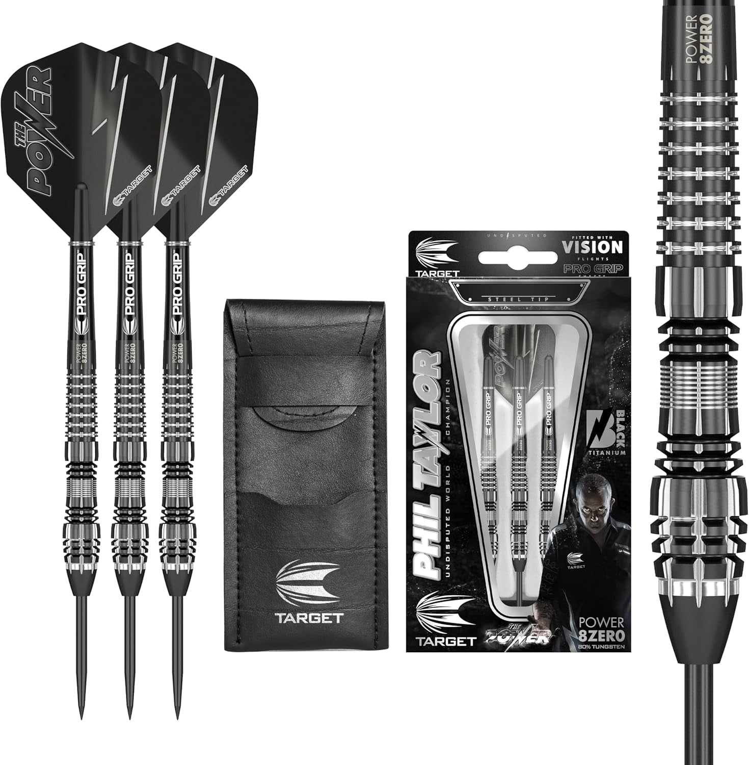 Darts Phil Taylor Power 8-Zero 4 Black Steel Tip Darts, 80% Tungsten Dart Set, P8Z4, 21G/23G/25G | Player Edition Darts with Swiss Point Tips or Fixed Points | Black Darts Case Included