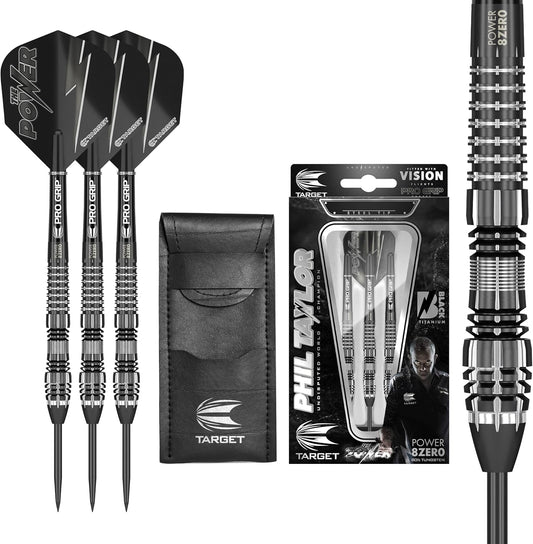 Darts Phil Taylor Power 8-Zero 4 Black Steel Tip Darts, 80% Tungsten Dart Set, P8Z4, 21G/23G/25G | Player Edition Darts with Swiss Point Tips or Fixed Points | Black Darts Case Included