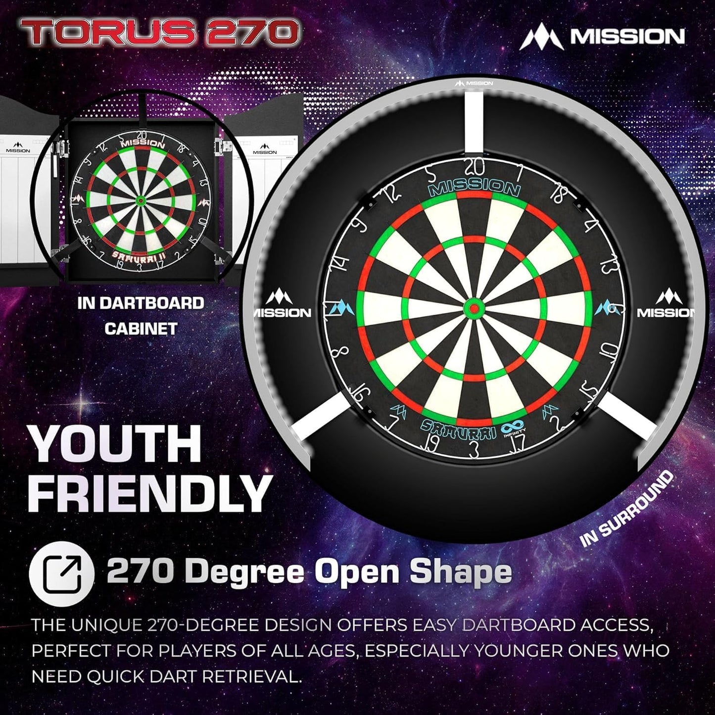 Torus 270 | Dart Board LED Lighting System with Easy Access to Dartboard Area for Unrestricted Play, Sand Blasted Black, Red, Blue, Green, Purple, Bronze and Silver Colours