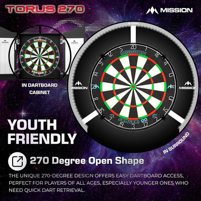 Torus 270 | Dart Board LED Lighting System with Easy Access to Dartboard Area for Unrestricted Play, Sand Blasted Black, Red, Blue, Green, Purple, Bronze and Silver Colours