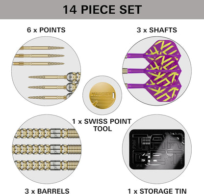 Darts Luke Littler Gen 1 Prodigy Steel Tip Swiss Point Darts, 90% Tungsten Darts, 22G/23G/24G | Generation 1 Gold Steel Tip Darts, G1 Player Edition Swiss Points Dart Sets, Flights and Shafts