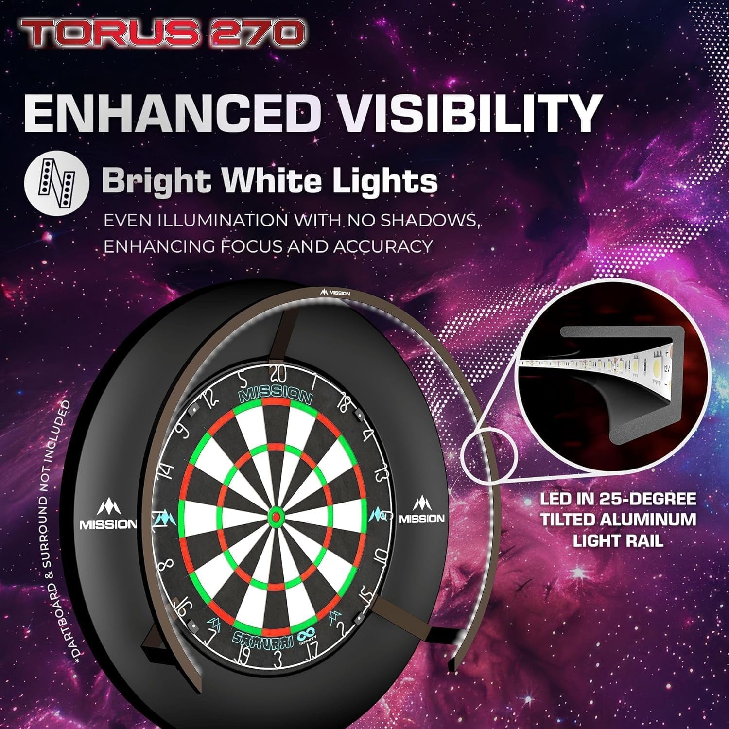 Torus 270 | Dart Board LED Lighting System with Easy Access to Dartboard Area for Unrestricted Play, Sand Blasted Black, Red, Blue, Green, Purple, Bronze and Silver Colours