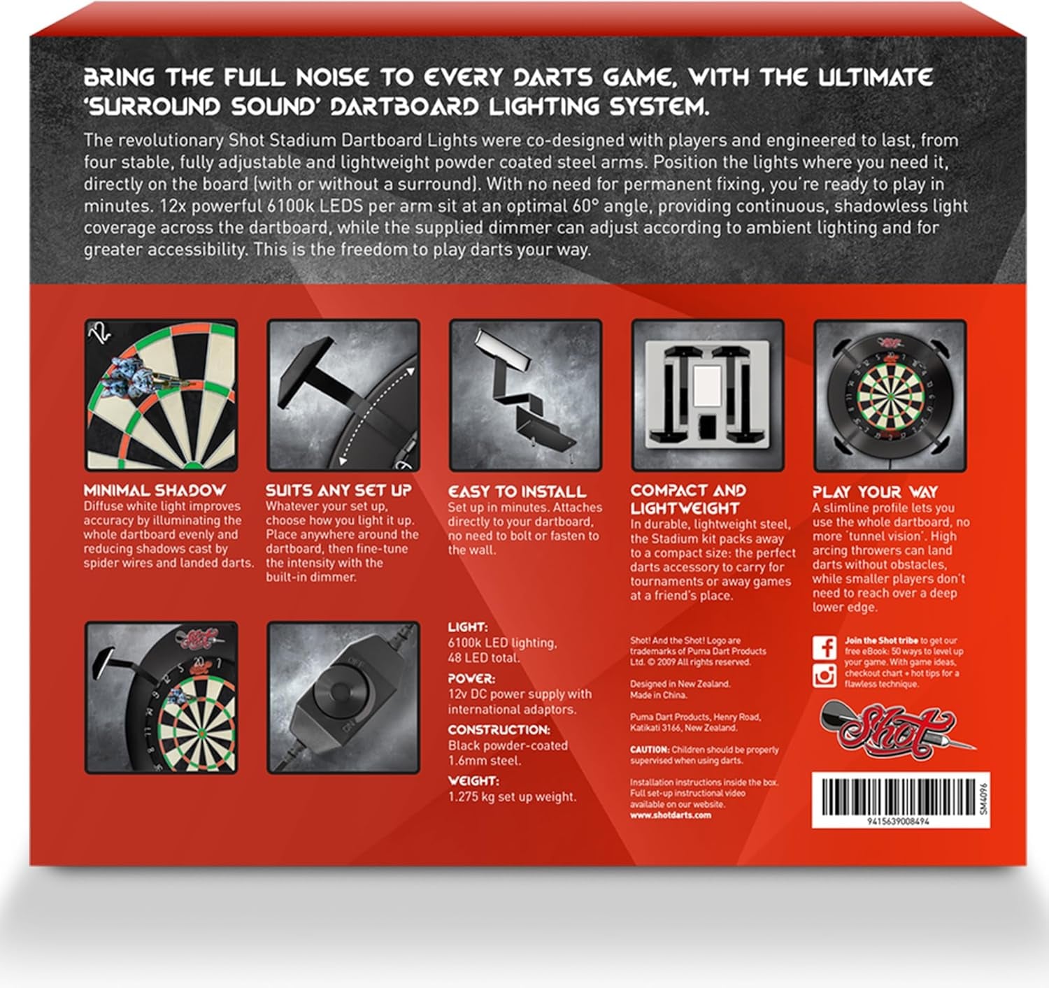 Darts Stadium Dartboard Lighting System - 4 Steel Arms & Dimmer to Adjust Light Intensity (6100K Leds) Minimal Shadow Versatile Fit Compact and Lightweight Design Easy Installation
