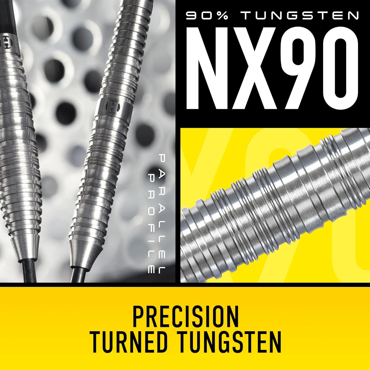 NX90 Bomb & Parallel Shape Darts Set I Professional Darts 90% Tungsten Steel Tip ALL Weights Pro Darts I 10Pc Set with Black Supergrip Midi Shafts & NX90 Flights